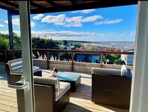 A covered outdoor area with wicker furniture, a dog, and a view of a body of water and buildings. - Magnificent Views and Comfort in Punta Colorada (Punta Colorada)