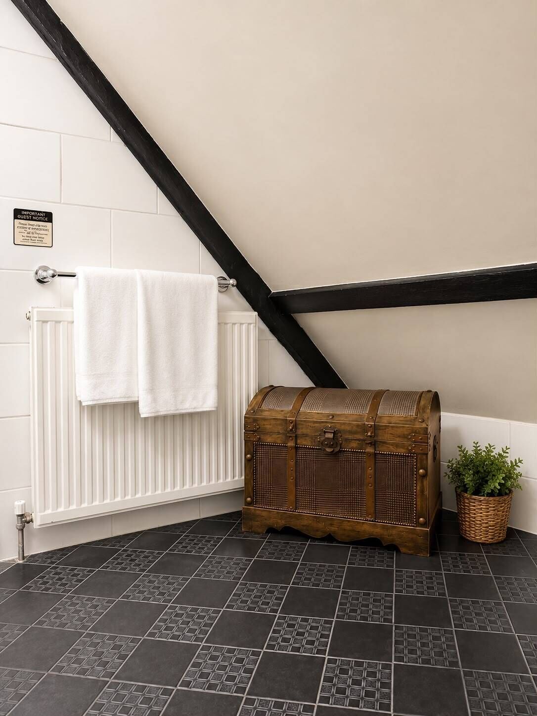 Un baño con un radiador blanco, dos toallas blancas, un baúl de madera y una planta en maceta.