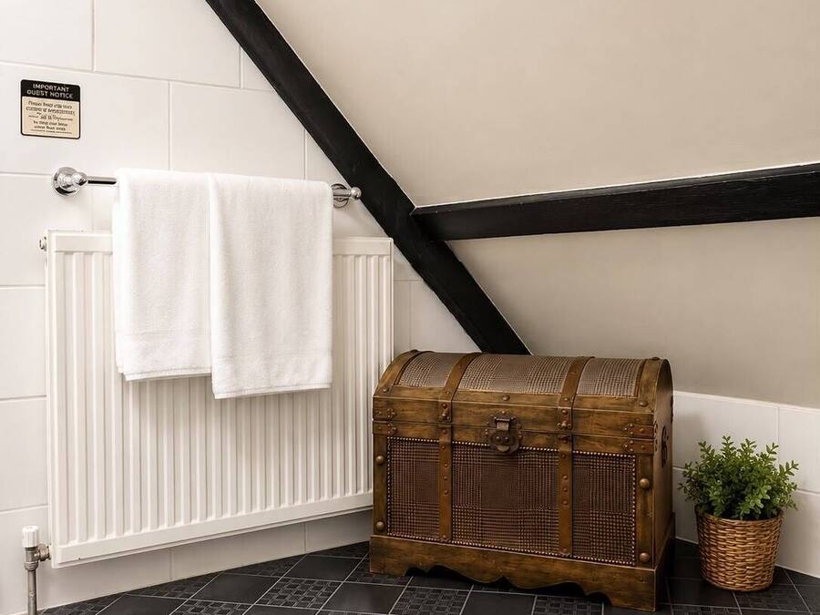 Un baño con un radiador blanco, dos toallas blancas, un baúl de madera y una planta en maceta.