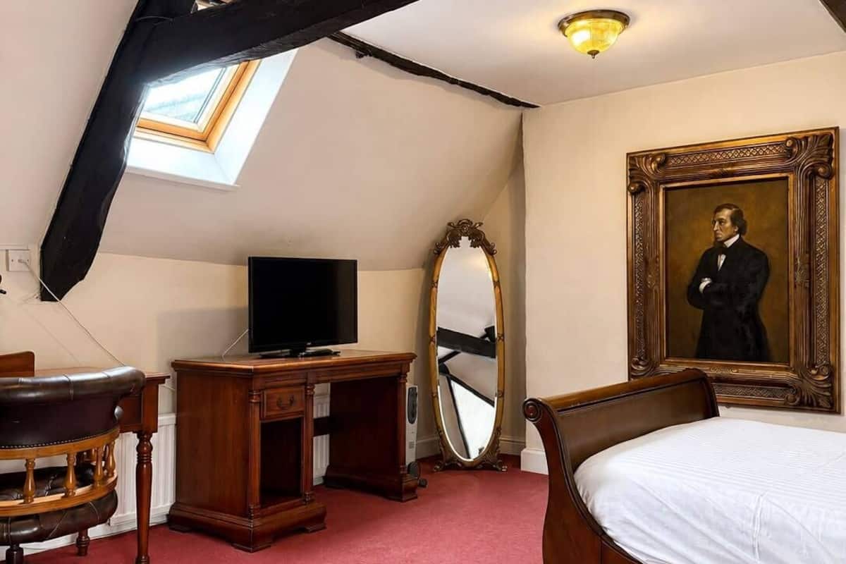 A bedroom with a bed, a desk, a television, a mirror, and a painting.