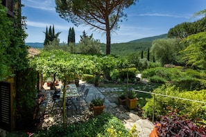 Eine Gartenpatio mit Tisch und Stühlen, umgeben von Topfpflanzen und Bäumen.