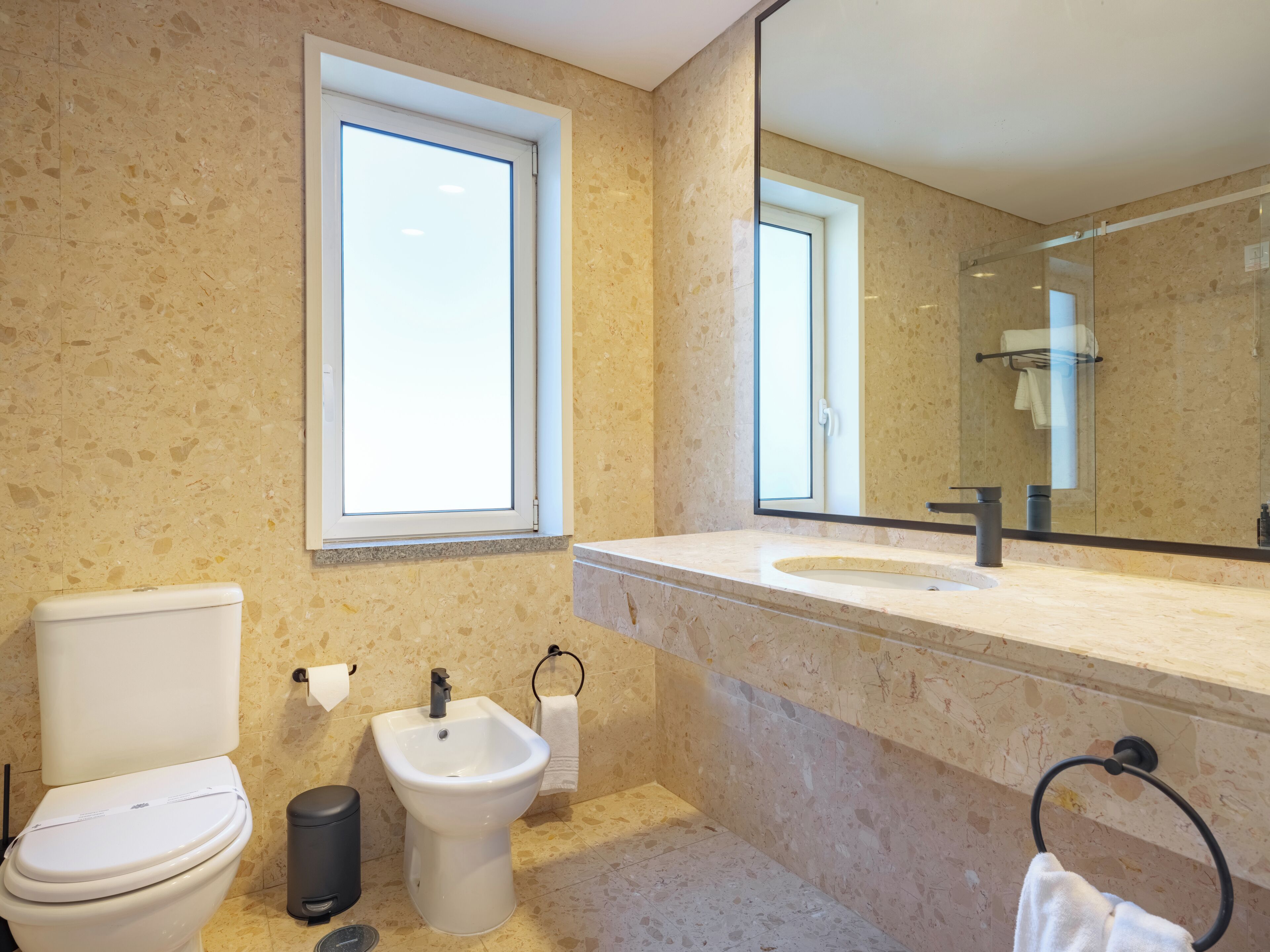 A bathroom with a toilet, bidet, sink, and a large mirror.