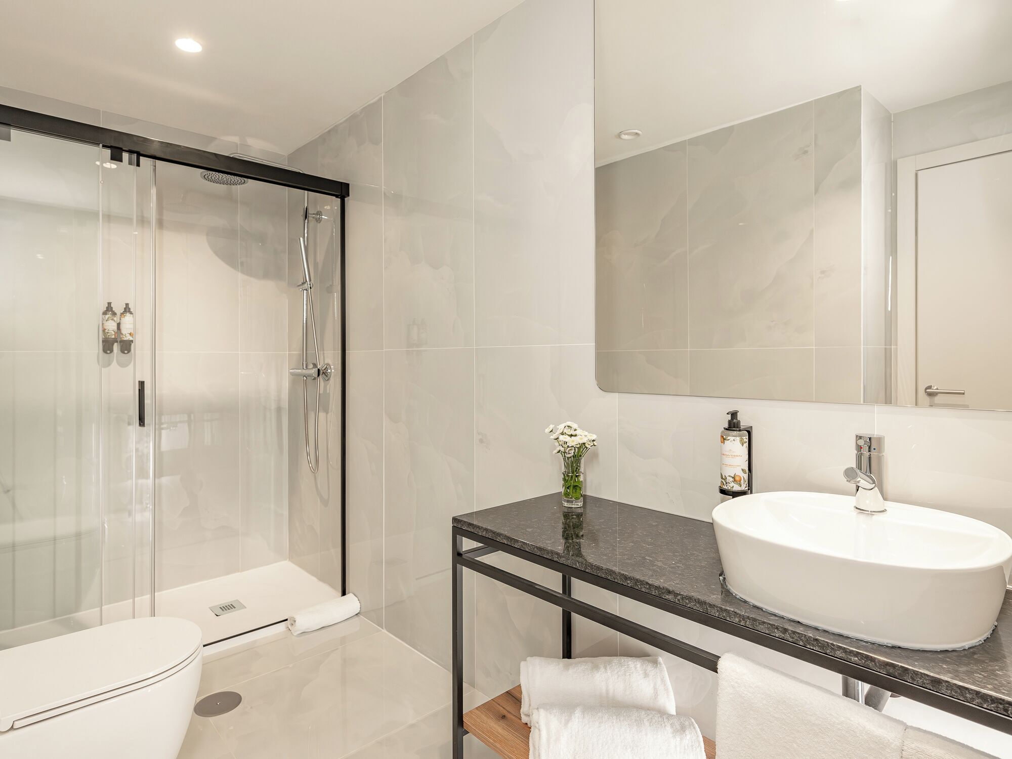 A modern bathroom with a glass shower enclosure, a white sink, and a large mirror.