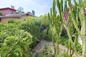 Un jardin avec un sentier, des cactus et un bâtiment à la façade rouge et doté d’une cheminée.