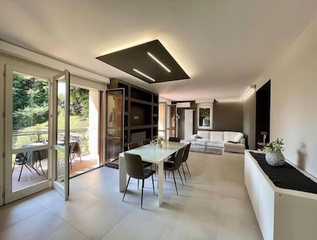 Living area. Elegant modern apartment with pool and panoramic balconies