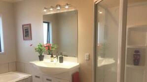 A bathroom with a white sink, mirror, and shower. There is a potted plant on the sink and a red towel hanging on the wall.