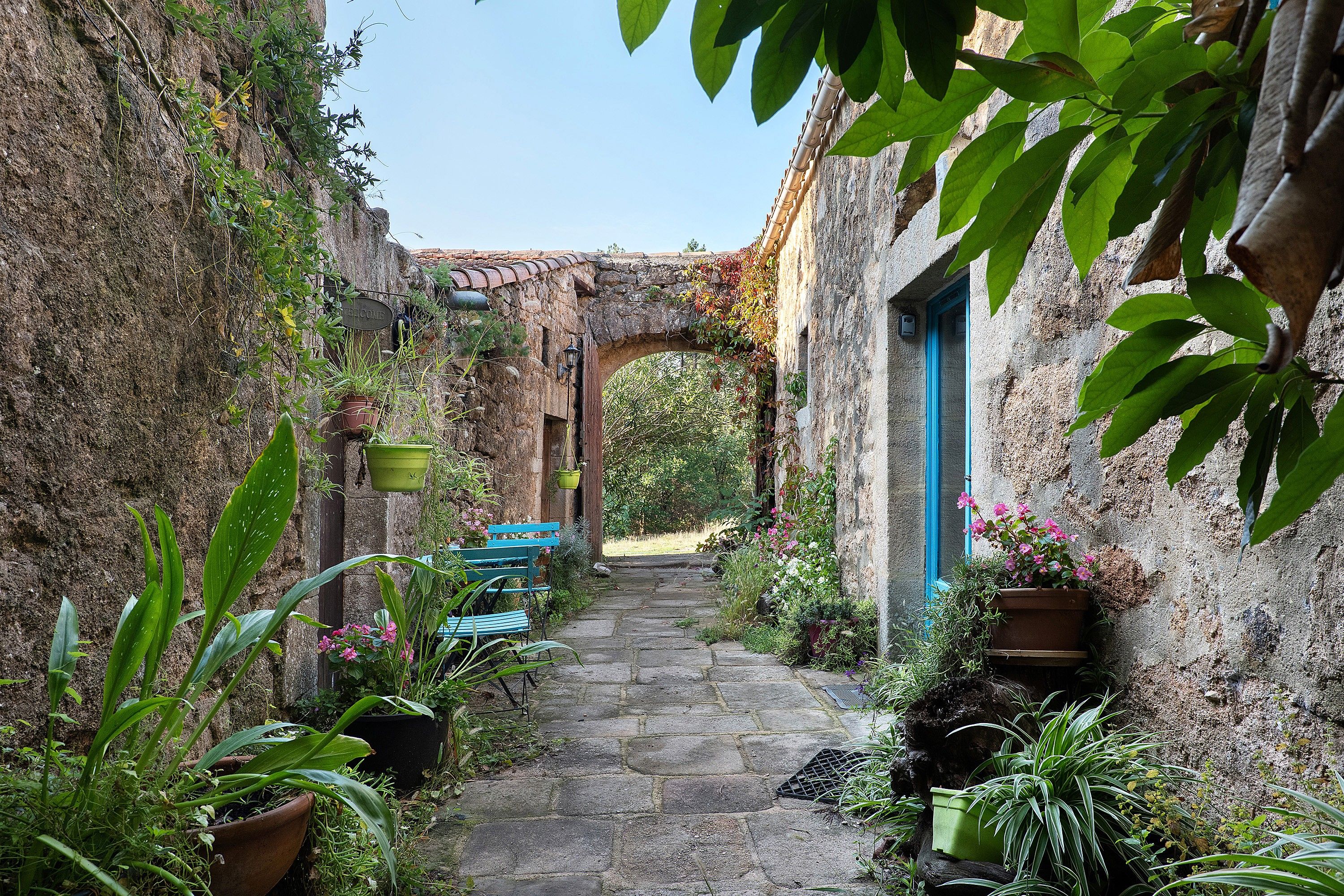 A narrow stone pathway flanked by lush greenery and rustic buildings.