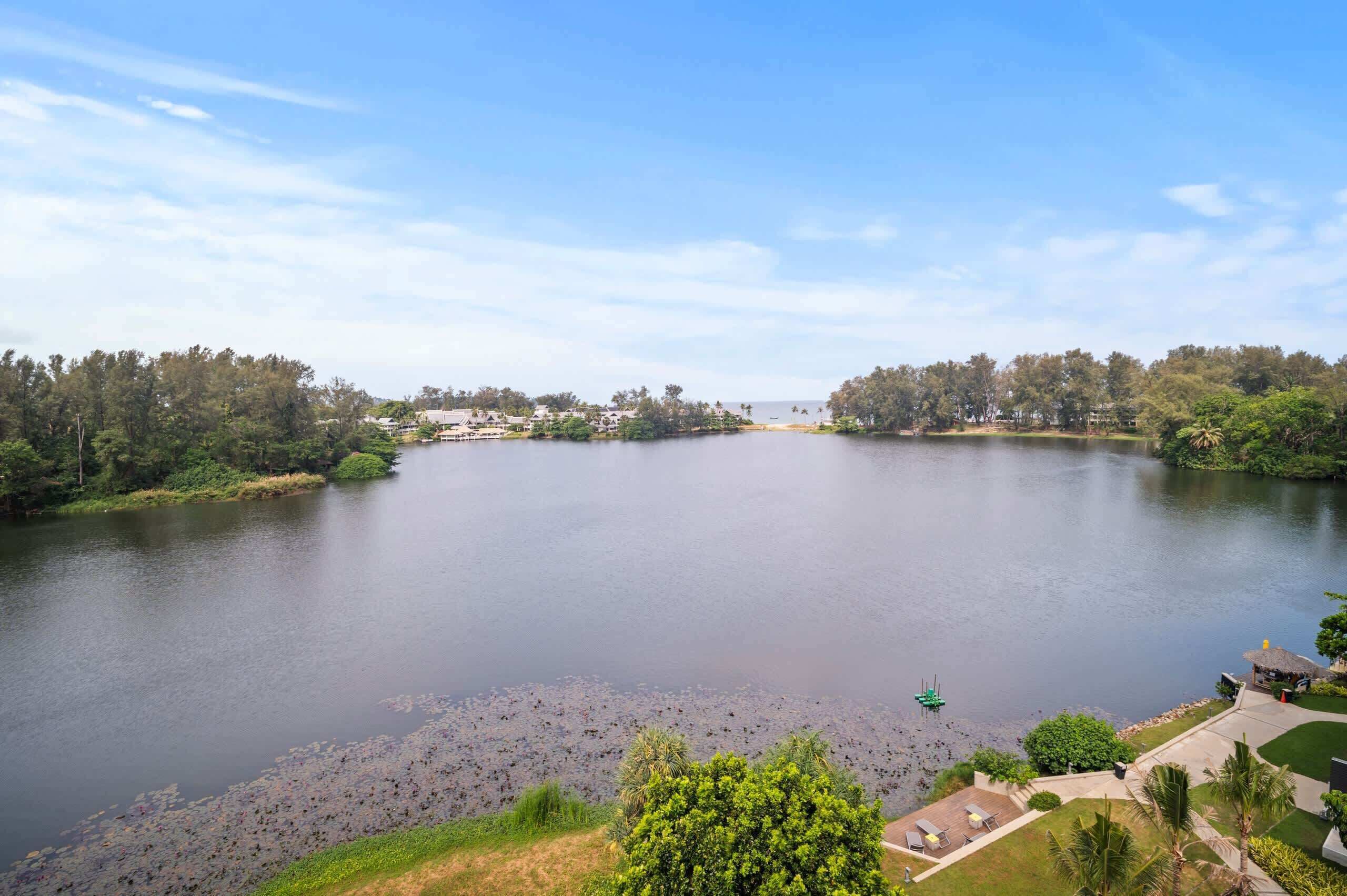 Ein ruhiger See mit Bootsanleger, umgeben von üppiger Vegetation und blauem Himmel.