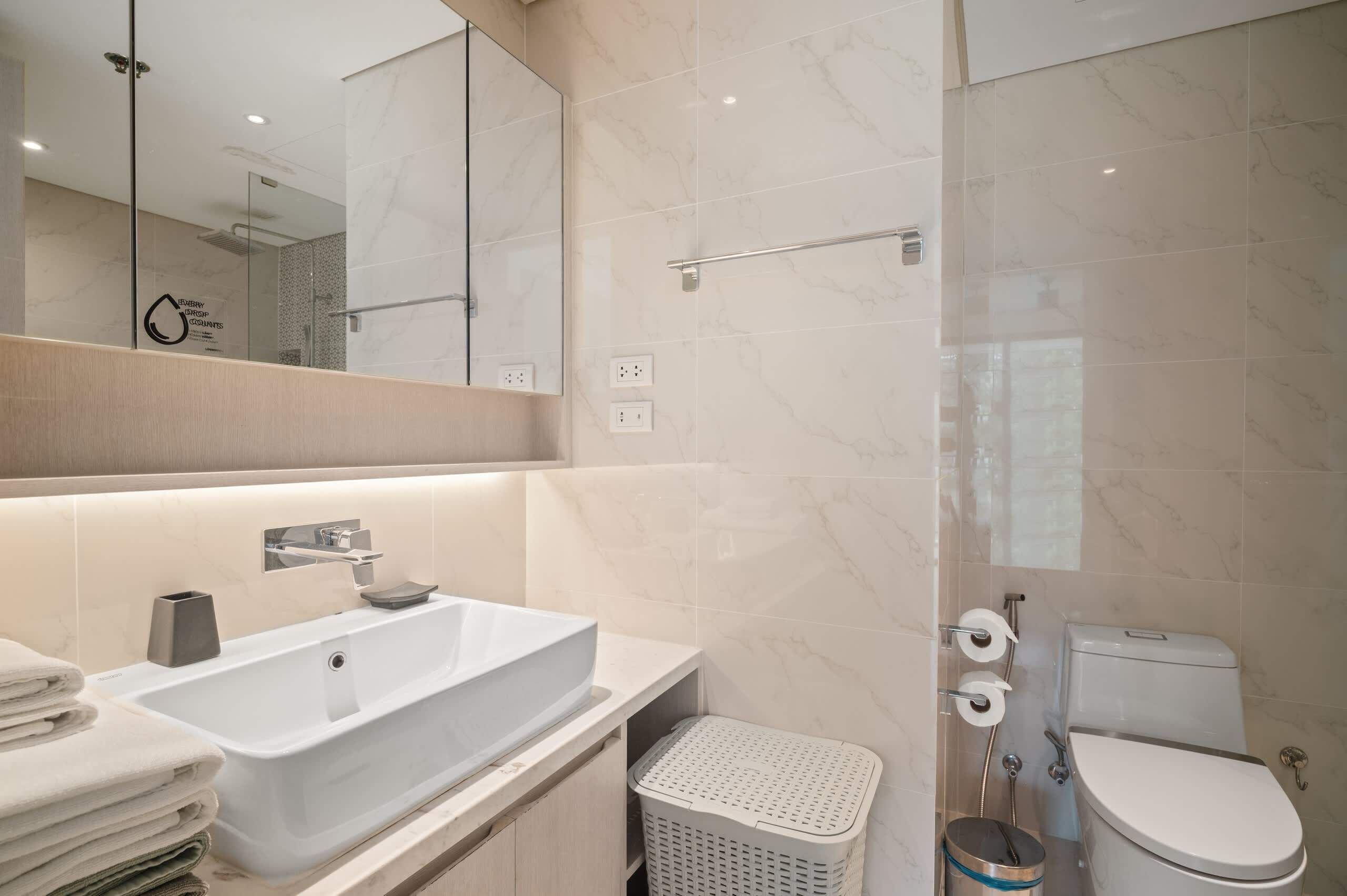A modern bathroom with a large sink, mirror, and toilet.