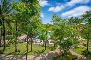 Ein üppiger Garten mit Palmen, einem Swimmingpool und blauem Himmel.