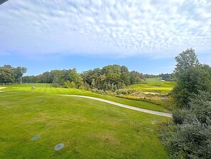 A golf course with a clear sky, a pathway, and surrounding greenery. - The Chief's Landing- Lower Level Condo (Bellaire)