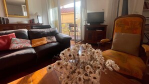 A living room with a sofa, armchair, TV, and a vase of flowers. - Spacious house with garage - 6 guests (Banyuls-sur-Mer)