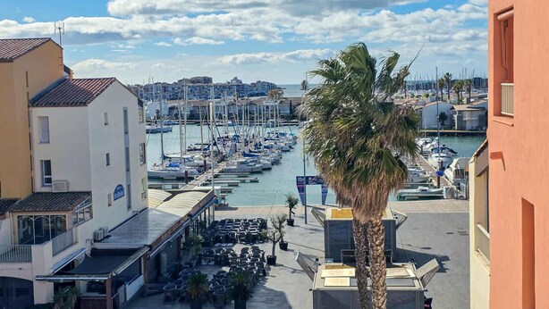 Un port de plaisance avec des bateaux, un palmier et des bâtiments dotés de balcons.