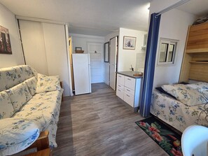 Ein gemütlicher Raum mit Schlafgelegenheit, einer kleinen Küchenzeile und einer Couch.