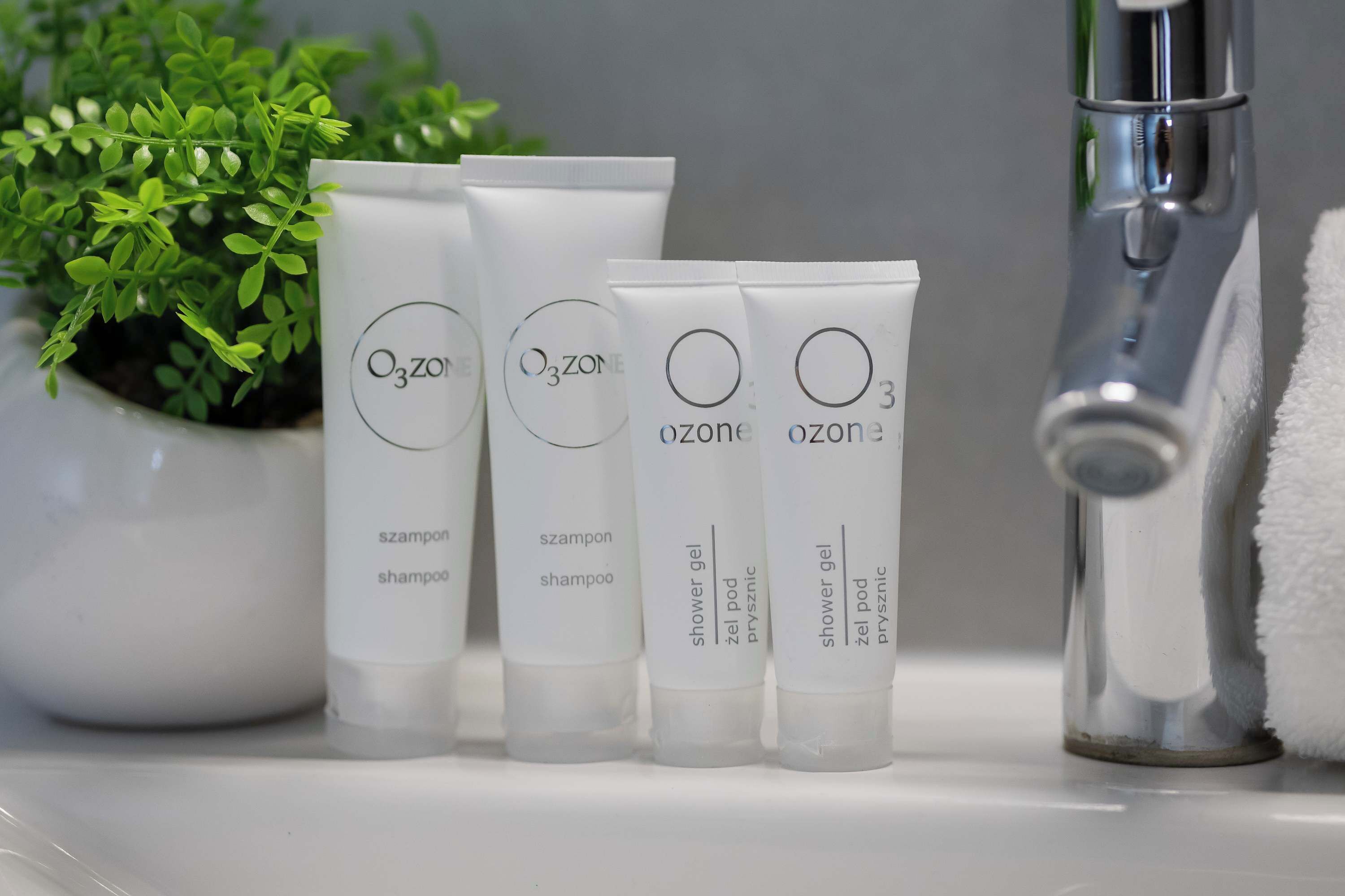 A bathroom with a white sink, a potted plant, and four tubes of Ozone shower gel and shampoo.