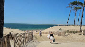 Une plage de sable bordée d’une clôture en bois, un ciel bleu dégagé et une personne qui porte une planche de surf.
