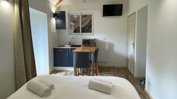 Een slaapkamer met een groot bed, een houten plafond, een kleine kitchenette en een aan de muur bevestigde televisie.