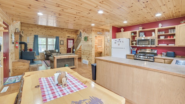 Interior de uma cabana com cozinha, área de refeições e lareira.