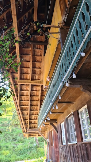 A wooden building with a balcony, windows, and a green railing. - Am Belchen: Modern Apartment on a Historic Black Forest Farm (Böllen)
