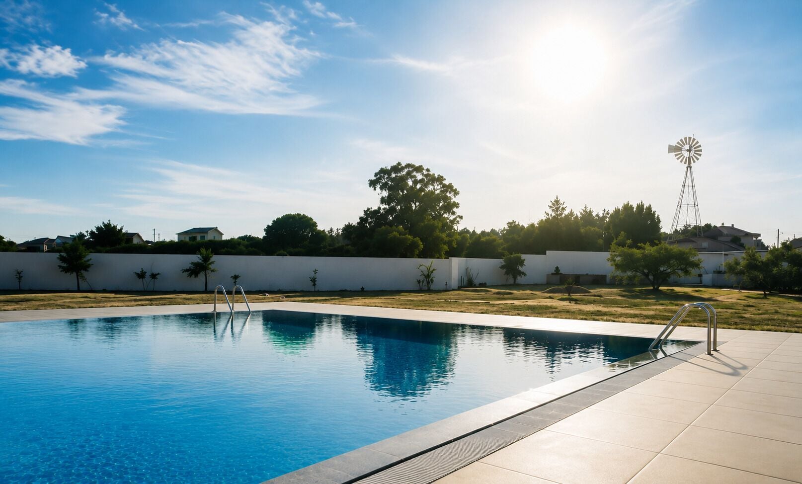 Una piscina con agua azul cristalina, rodeada por un muro blanco y una zona verde con árboles.