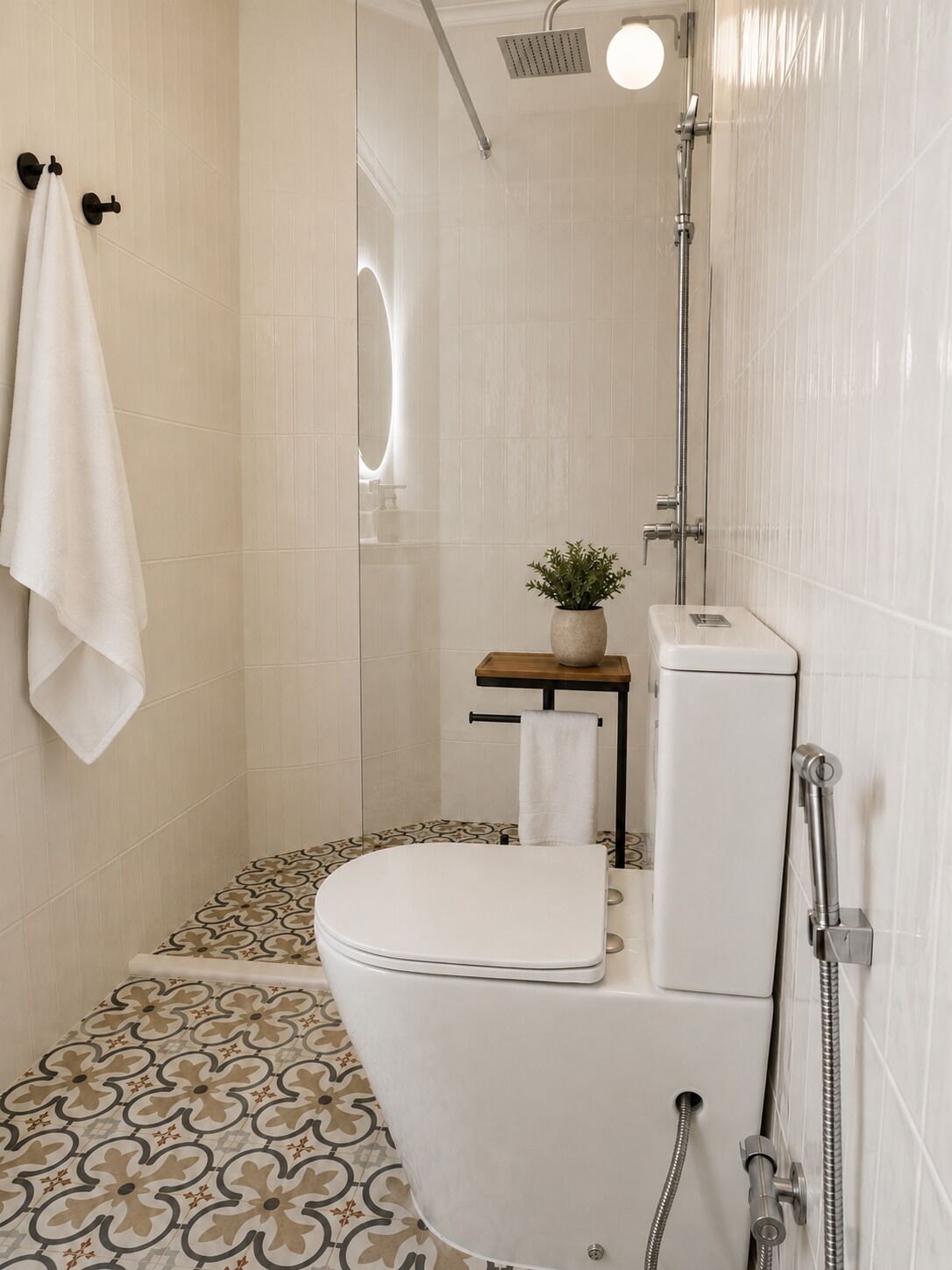 A bathroom with a toilet, shower, and a small table with a plant.
