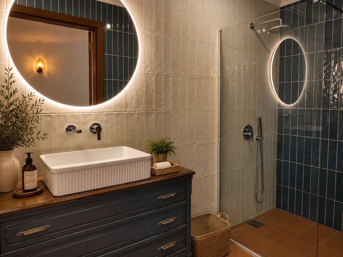 Une salle de bain avec un lavabo blanc, un meuble-lavabo en bois foncé et une douche dotée d’une porte en verre.