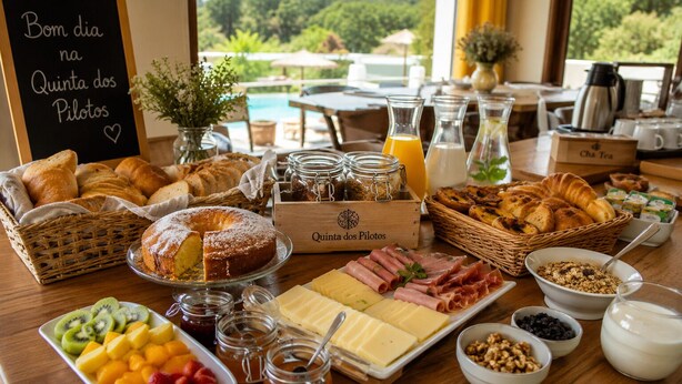 Un bufé de desayuno con diversas opciones de comida, un cartel que dice 'Bom dia na Quinta dos Pilotos' y vistas del paisaje.