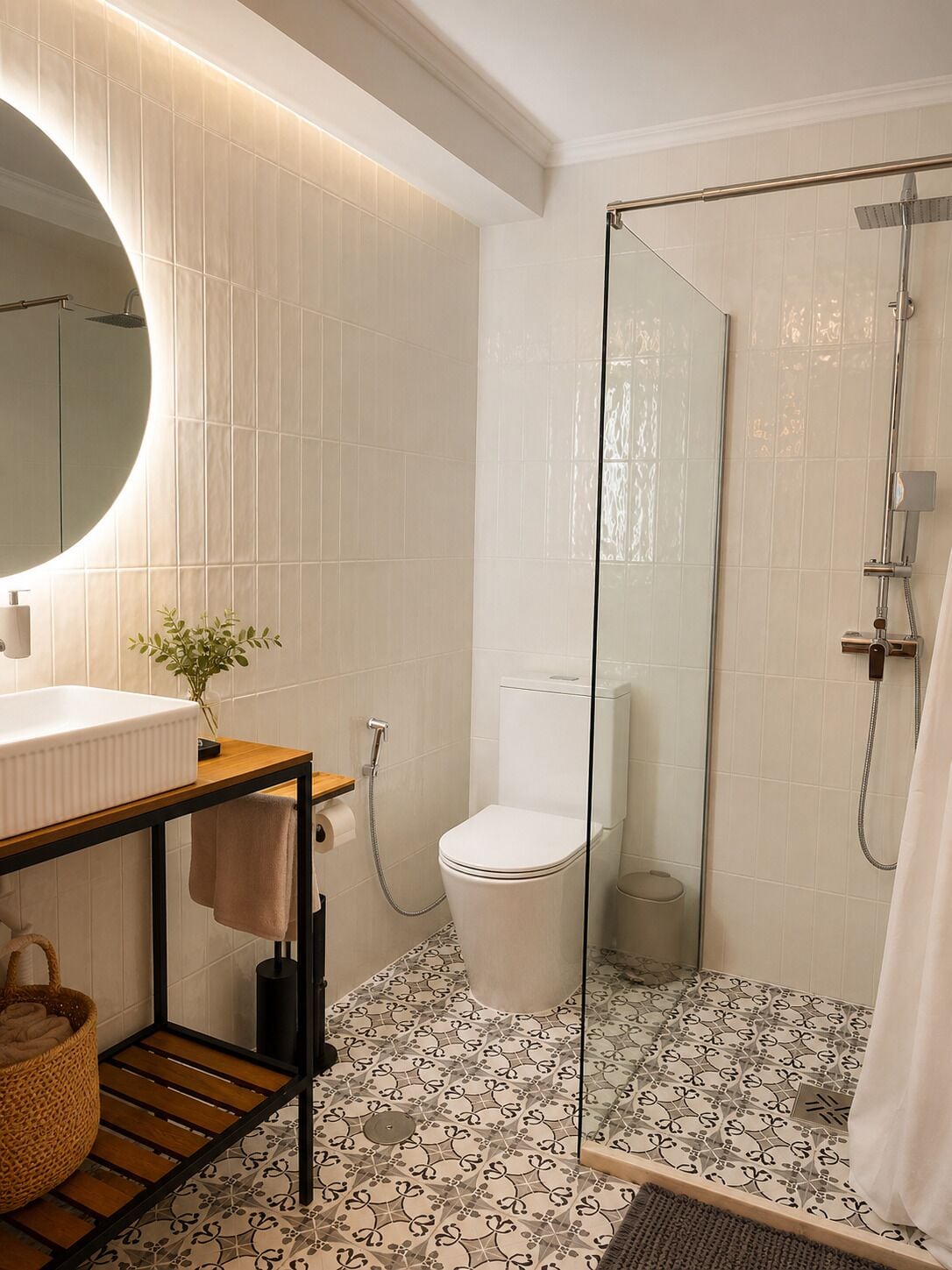 A bathroom with a white sink, mirror, toilet, and glass-enclosed shower.