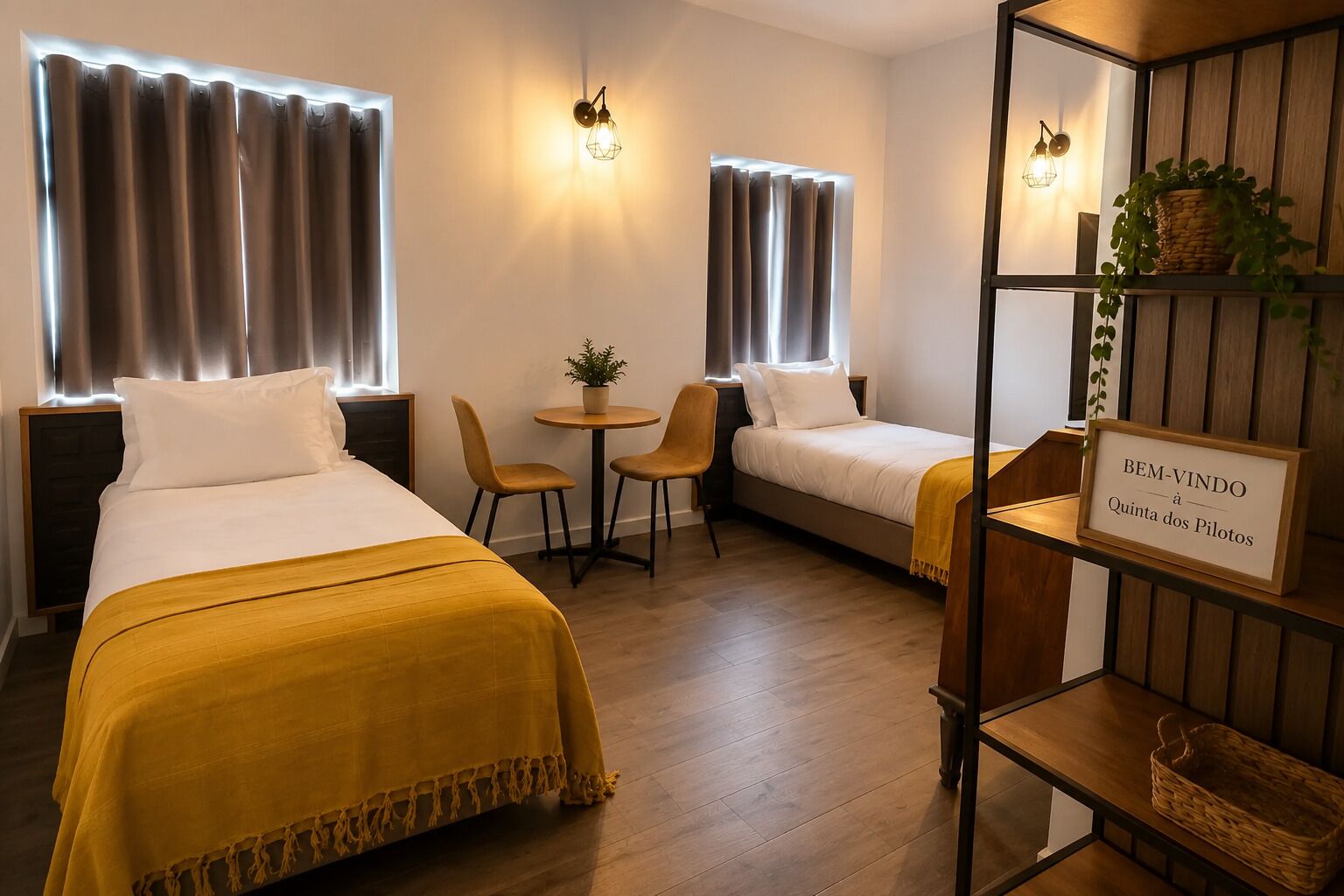 A hotel room with two beds, a small table, chairs, a shelf with a sign, and curtains.