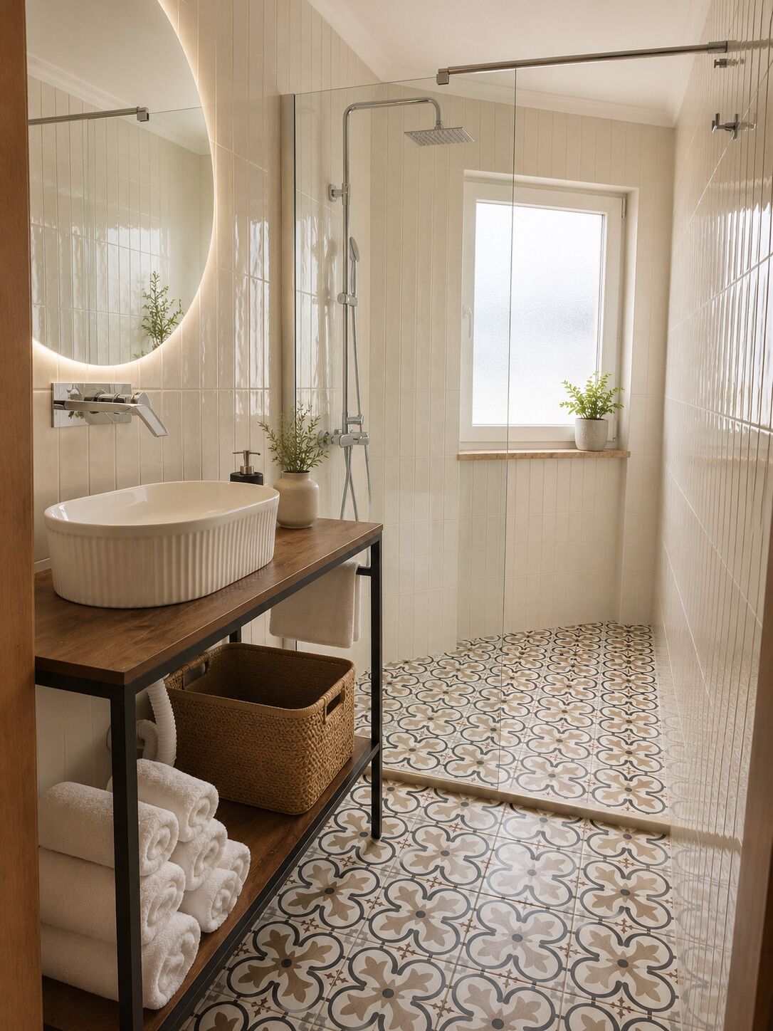 A bathroom with a white sink, a mirror, a shower, a window with a plant, and patterned floor tiles.