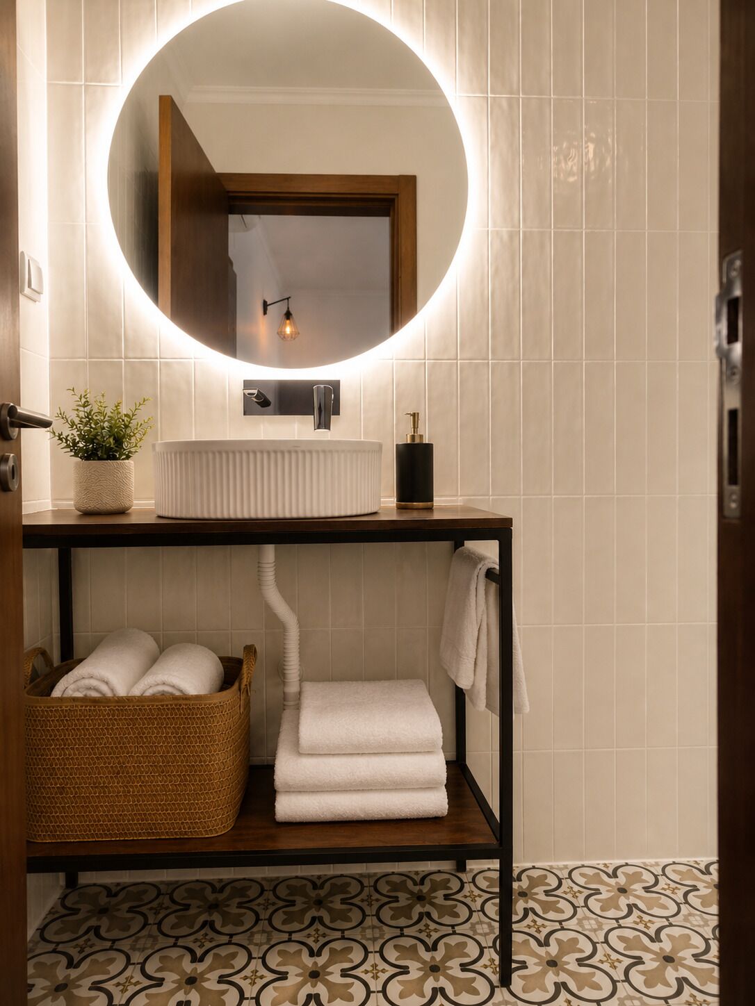 A bathroom with a round mirror, white sink, towel rack, and a woven basket.