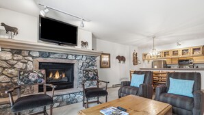 Una sala de estar con chimenea, televisor y zona de estar.