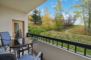 Ein Balkon mit Glastisch und Stühlen, einer Tür und Blick auf eine grüne Fläche mit Bäumen.