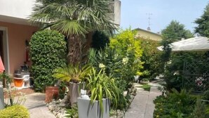 Un sendero pavimentado bordeado por plantas diversas y un edificio con balcón.