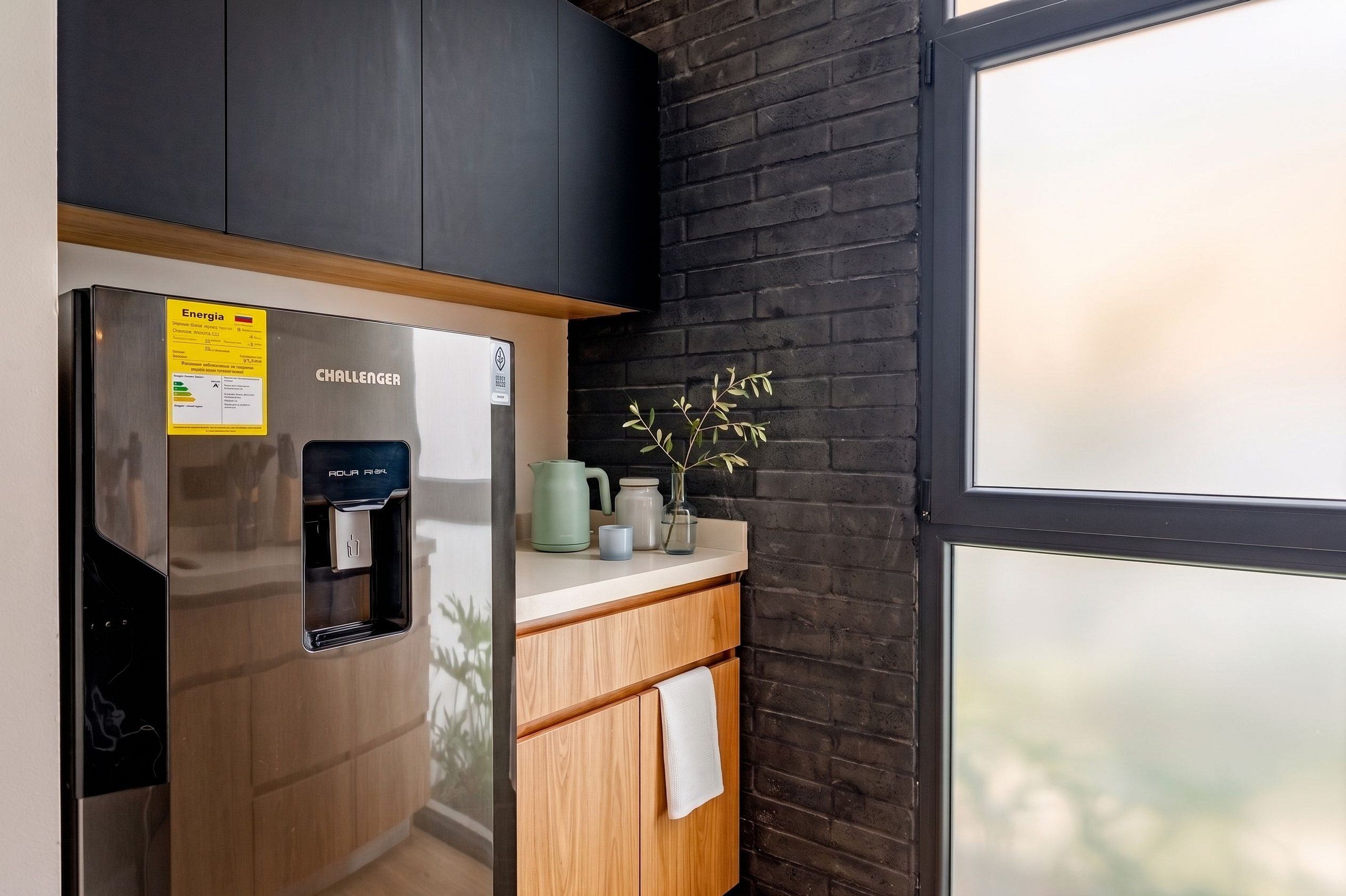 Una cocina con un refrigerador de acero inoxidable, un dispensador de agua y un armario de madera.