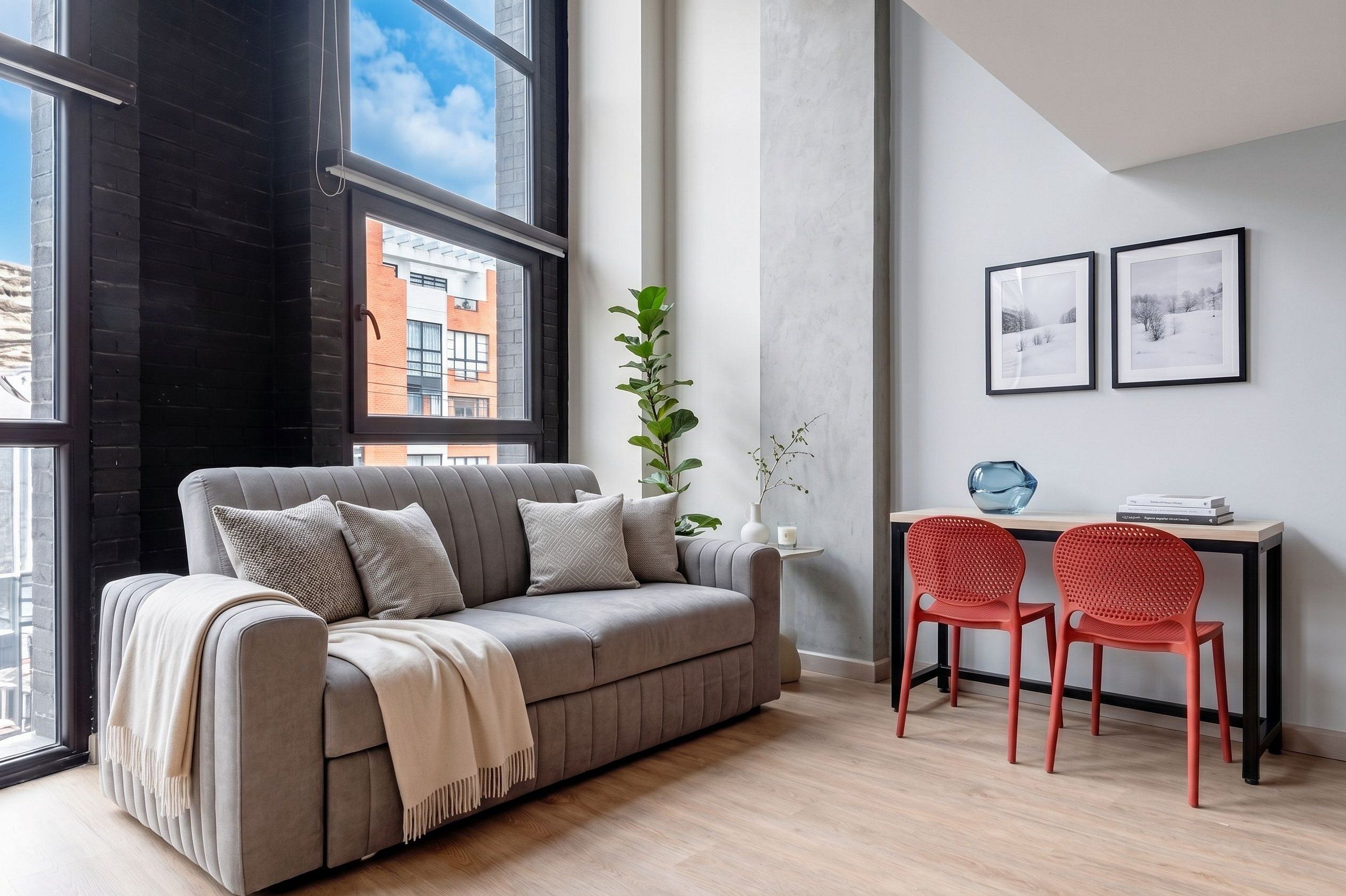 Una sala de estar moderna con un sofá gris, dos sillones rojos, una mesita y una ventana con vistas a edificios.