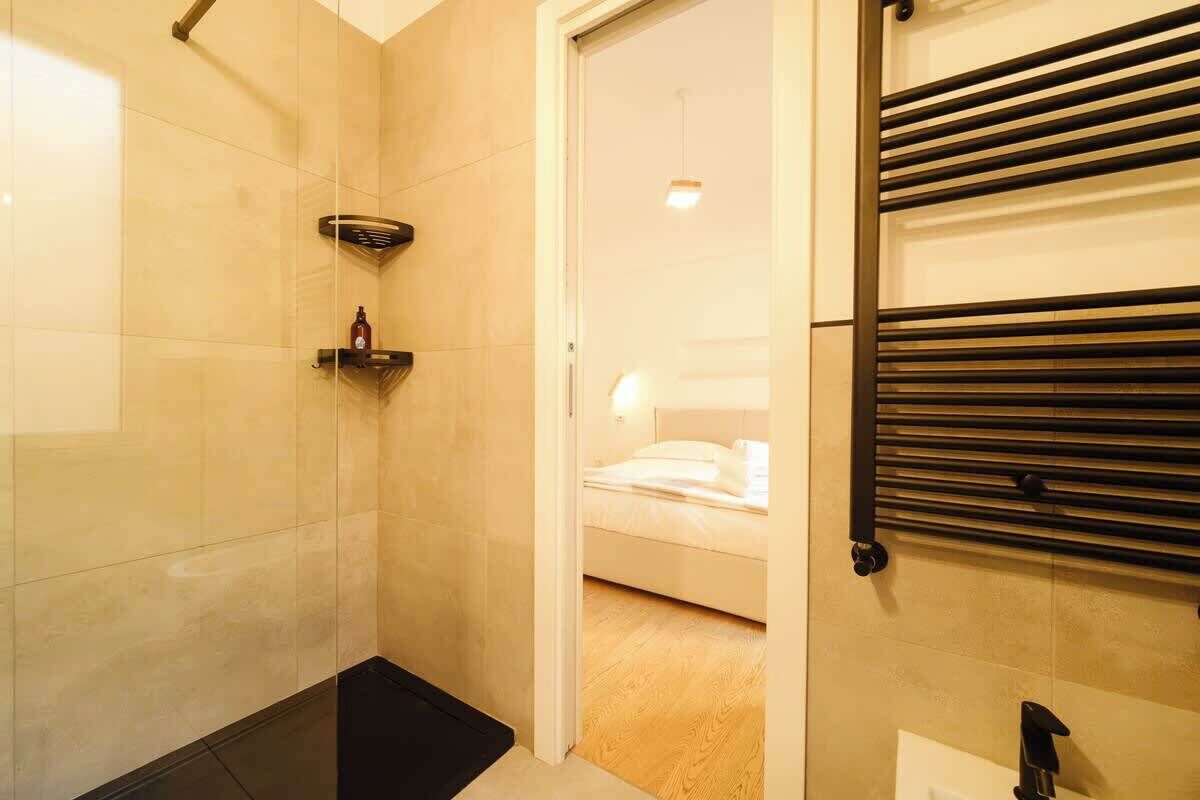 Shower, hair dryer, shampoo