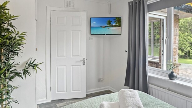 Een slaapkamer met een bed, een televisie, een kamerplant en een raam met gordijnen.