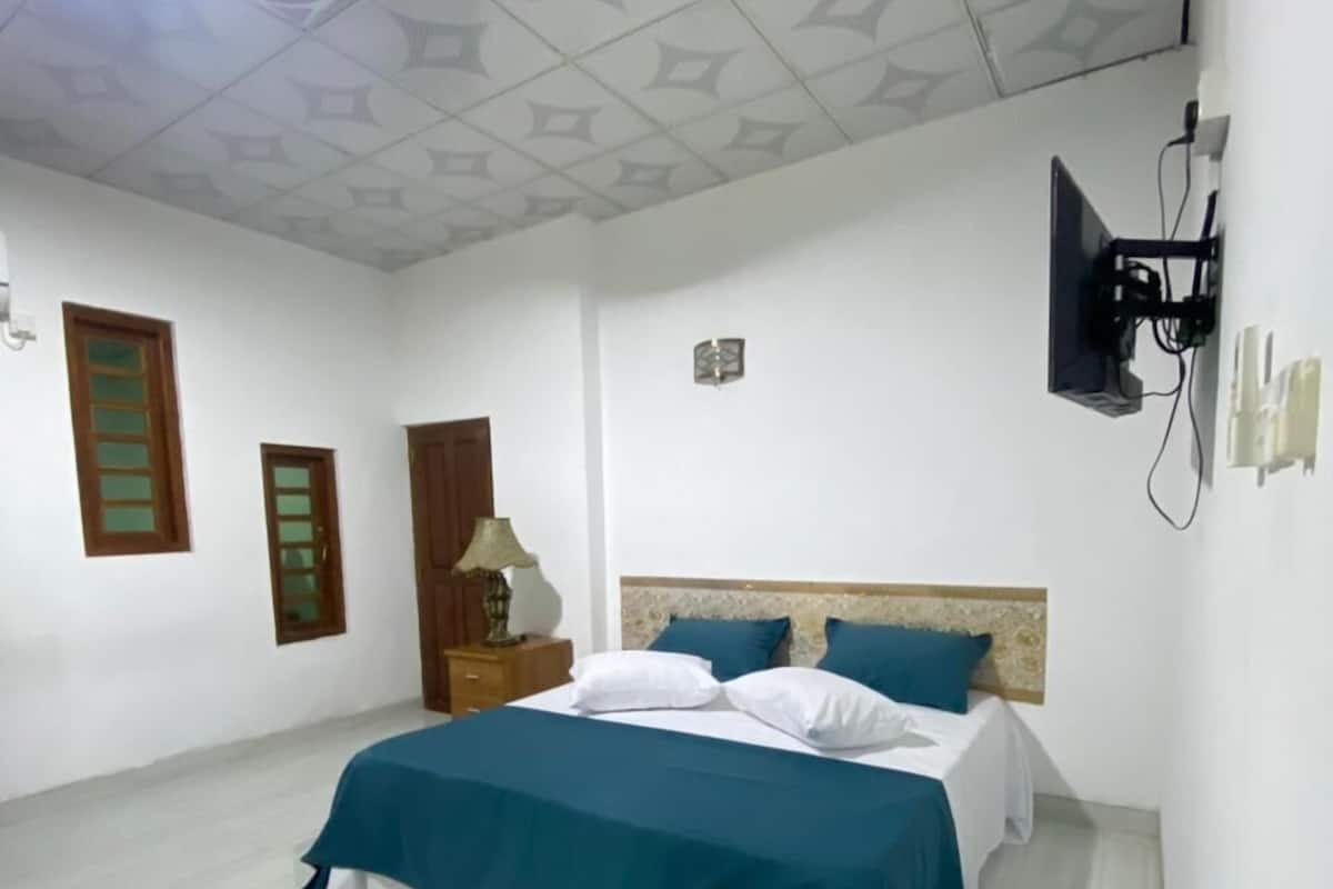 A bedroom with a bed, a TV, a lamp, and a ceiling fan.