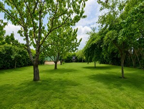 Un espace verdoyant bien entretenu, avec des arbres adultes et un ciel dégagé.