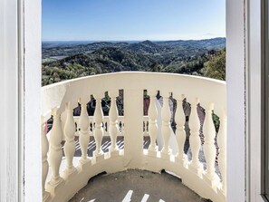 Ein Balkon mit weißer Brüstung, der auf eine hügelige Landschaft blickt.
