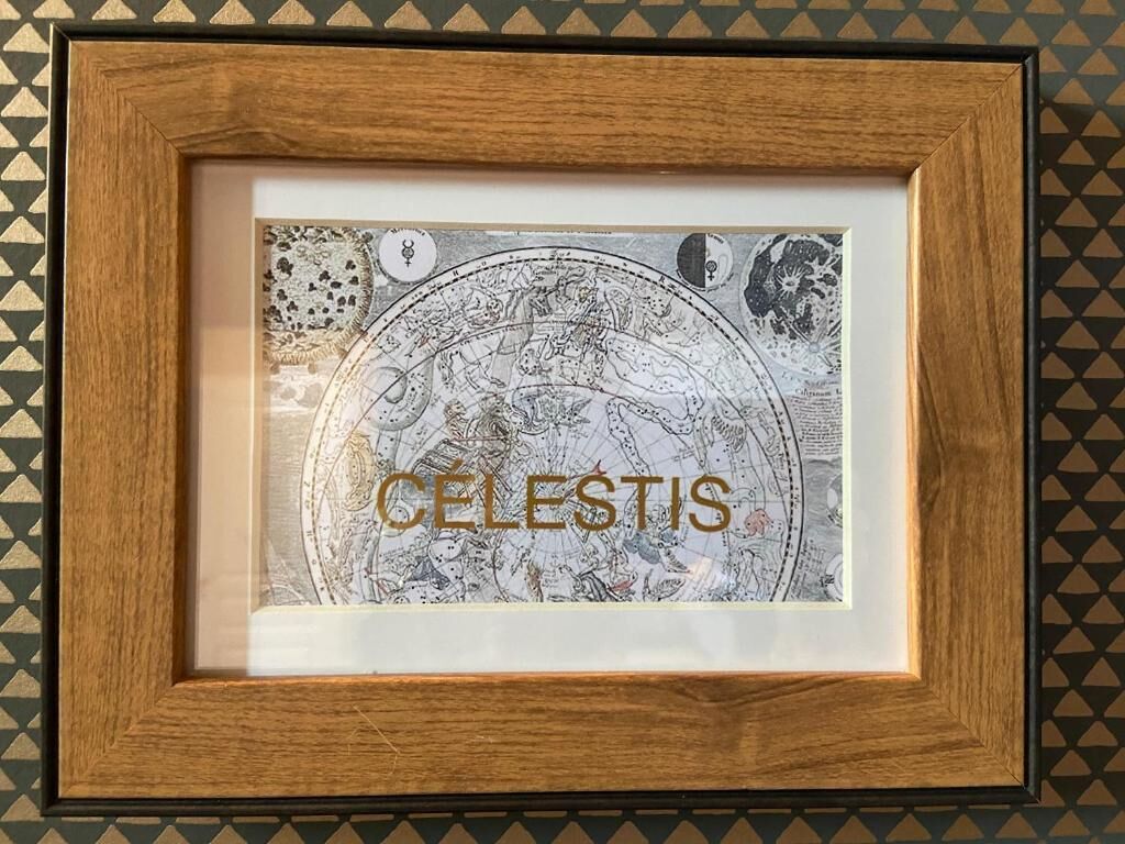 A framed celestial-themed artwork with the word 'CELESTIS' prominently displayed.