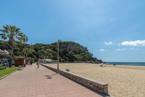 Ein gepflasterter Weg führt zu einem Strand mit Palmen und einer Steinmauer.