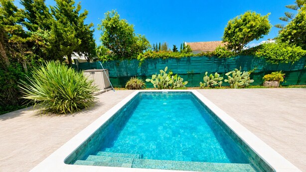 Ein rechteckiger Swimmingpool mit klarem, blauen Wasser, umgeben von einer Fliesenveranda und verschiedenen Pflanzen.