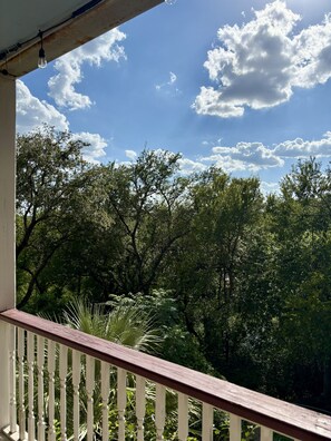 Ein Balkon mit Geländer, der einen dichten Wald und einen klaren Himmel mit Wolken blickt.