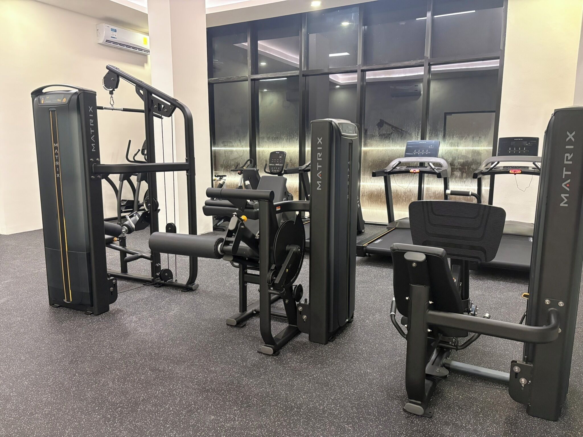 A gym with various exercise equipment, including a squat rack, bench press, and treadmills.