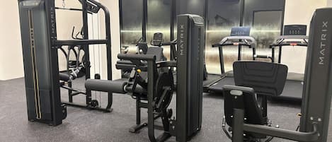 A gym with various exercise equipment, including a squat rack, bench press, and treadmills.