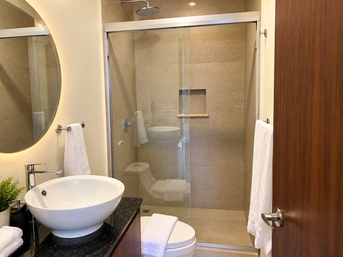 Un baño moderno con ducha envuelta en vidrio, un lavabo blanco y un inodoro.