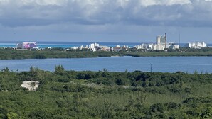A coastal cityscape with a mix of natural and urban elements, including a body of water, dense greenery, and various buildings. - San Francisco Cancun (Cancun)