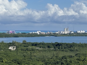 A coastal cityscape with a mix of natural and urban elements, including a body of water, dense greenery, and various buildings. - San Francisco Cancun (Cancun)